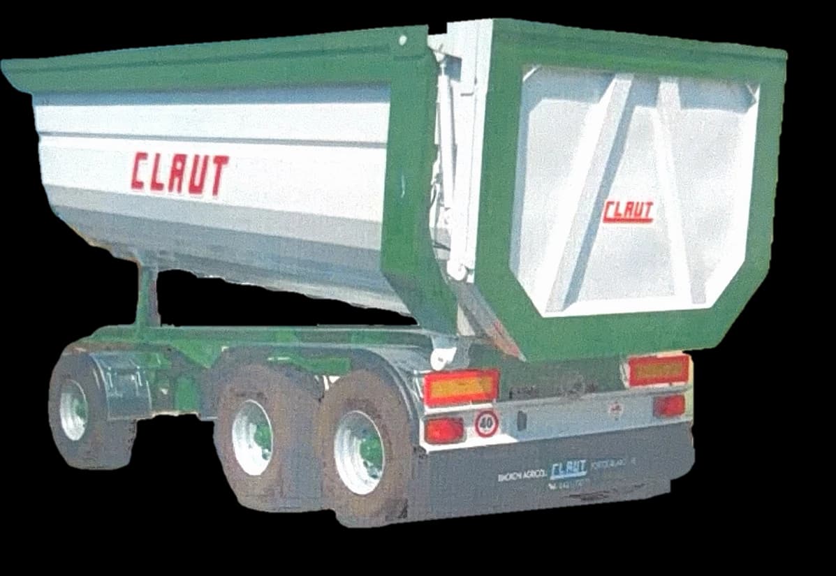 Dumper a tre assi 200RP AS 7 visto di tre quarti da dietro, vasca bianca con bordi verdi e scritta CLAUT